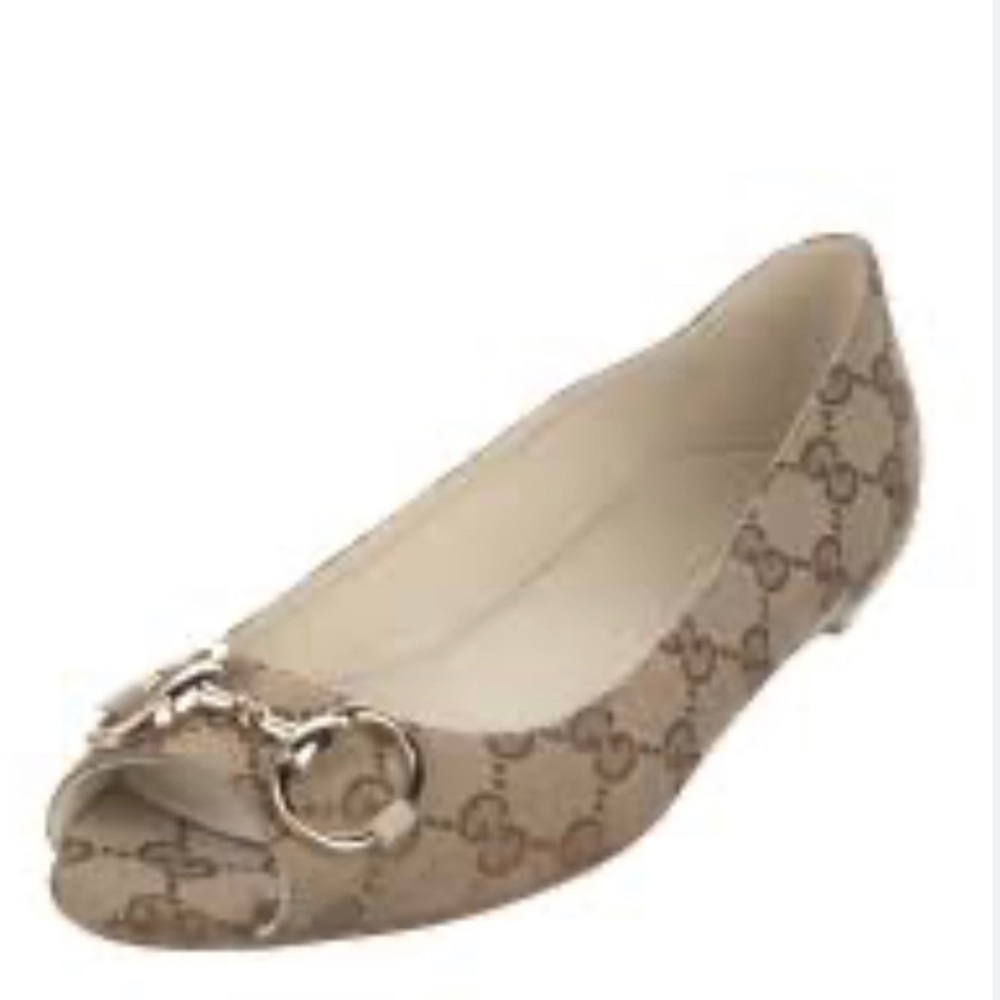 Gucci Monogram Canvas Horsebit Buckle Peep Toe Flats